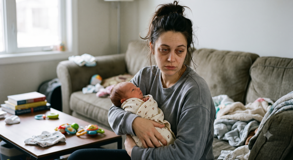 Exhausted new mom holding her newborn baby