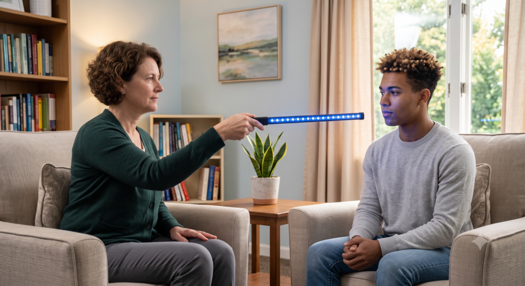 woman offering EMDR session to young hispanic male