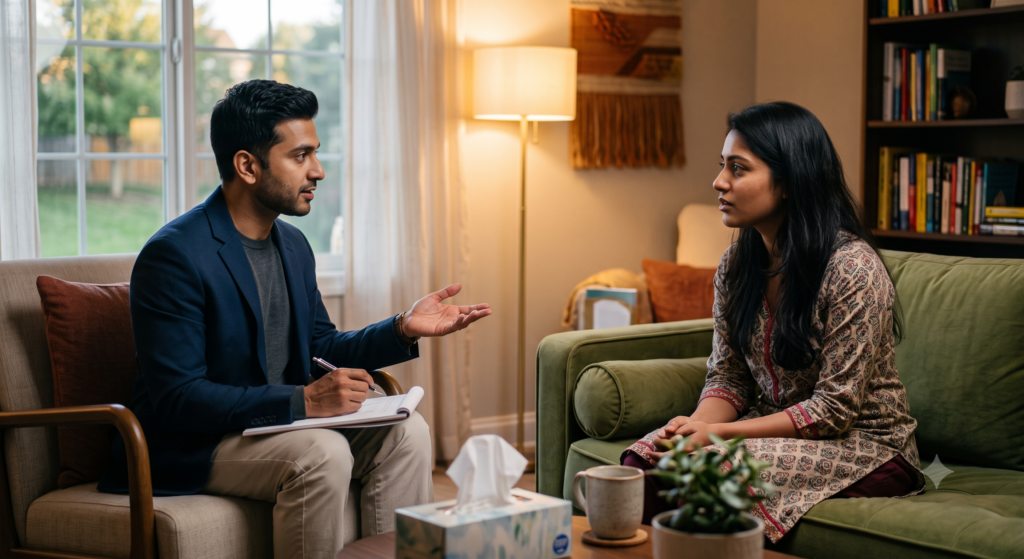 East Indian therapist working with a young east Indian female client