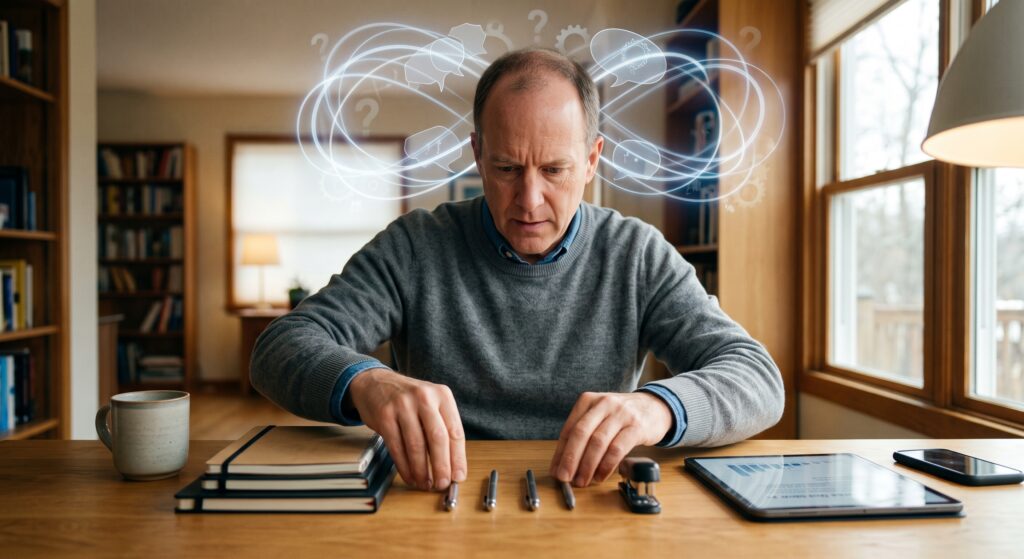 Man with OCD meticulous about his desk and putting things in order.